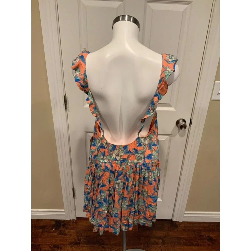 Free People Orange W/ Blue/Green Floral Pattern "Dear You" Dress,  Size Small - Picture 4 of 5